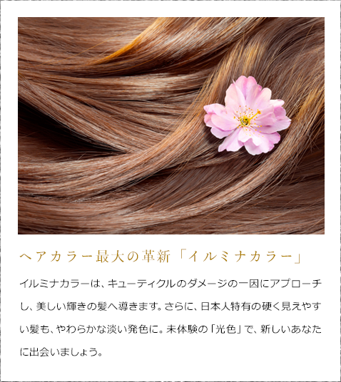 ヘアカラー最大の革新「イルミナカラー」　イルミナカラーは、キューティクルのダメージの一因にアプローチし、美しい輝きの髪へ導きます。さらに、日本人特有の硬く見えやすい髪も、やわらかな淡い発色に。未体験の「光色」で、新しいあなたに出会いましょう。